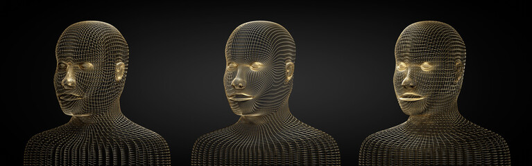 Three golden wireframe head shapes - 3D illustration