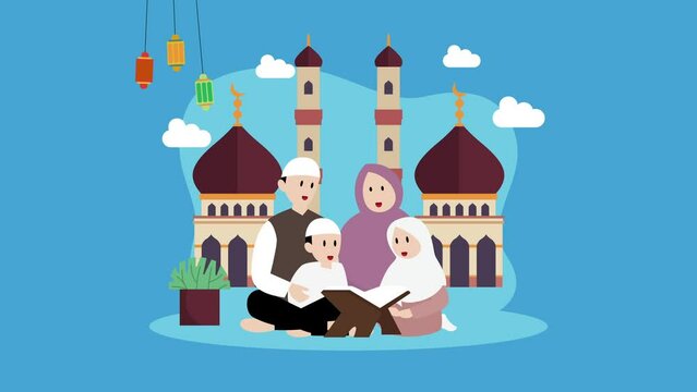 Happy muslim family with koran holly bible celebrating eid mubarak