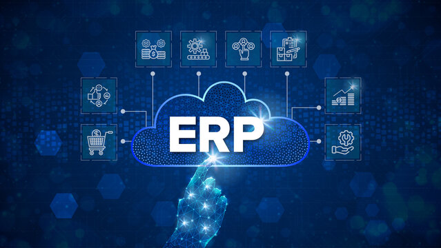 ERP Cloud System Software Automation - Enterprise Resource Planning (ERP) solution software or application construction concept on virtual screen.