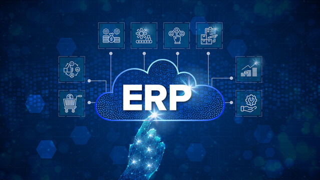 ERP Cloud System Software Automation - Enterprise Resource Planning (ERP) solution software or application construction concept on virtual screen.