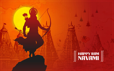 Happy Shree Ram Navami Background Vector, Lord Rama standing on a rock holding a bow and arrow