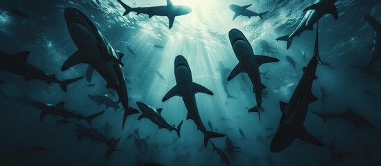 Fascinating underwater scene of a diverse group of sharks swimming gracefully in the deep ocean - obrazy, fototapety, plakaty