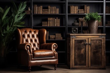 Obraz premium Brown Leather Armchair and Rustic Shelving: Chic Interiors with Wooden Cabinet
