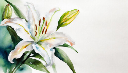 Fototapeta na wymiar Watercolour of a White Lily on pure white background canvas, copyspace on a side