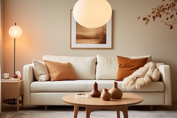 Mid-century Room: White Sofa & Cozy Fabric Elements with Indoor Pendant Lighting