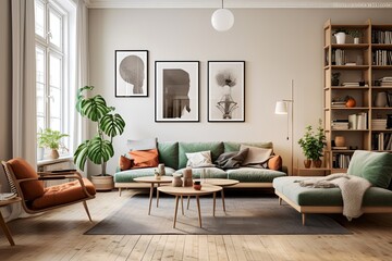Scandinavian Mid-Century Living: Roomy Apartment with Art Poster Wall