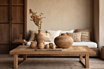 Fototapeta na wymiar Rustic Farmhouse Room: Terra Cotta Pillow Accents & Wooden Coffee Table Harmony