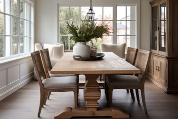 Fototapeta premium Rustic Farmhouse Wooden Dining Table Set with Cushioned Chairs: Cozy and Charming