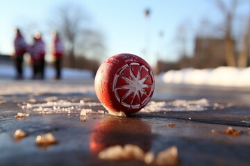 Snowball on the ice in the park. Winter sports concept