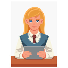 A girl student in a school costume working at a tablet. A teenager in a tie holds a touch screen tablet. Concept of working, learning, getting a profession, having fun and relaxing