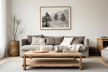 Grey Sofa & Wooden Coffee Table: Rustic Scandinavian Living Room with White Wall Art Poster