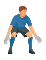 Boy figure of a junior football goalkeeper in a blue t-shirt standing in front of the goal with legs bent waiting for the ball