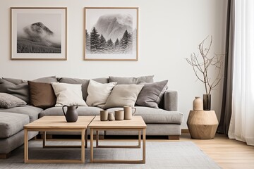 Grey Sofa and Wooden Coffee Table in a Rustic Scandinavian Living Room with White Wall Art Poster