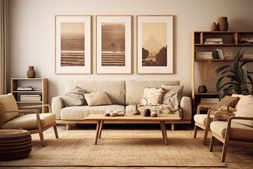 Rustic Scandinavian Living Room: Mid-Century Vibes with Wooden Side Tables & Beige Walls