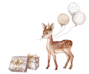 Watercolor gift boxes with gold bows and deer and balloon for birthday pastel golden and beige color. Hand drawing illustration on isolated background. For design holidays pastel colors.