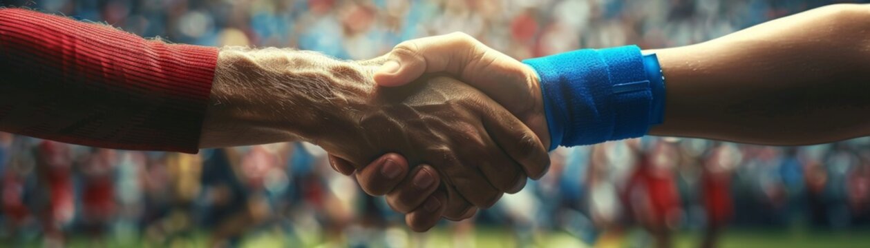 Athlete handshake when winning football match. Generative AI