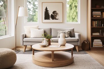 Fototapeta na wymiar Round Coffee Table Magic: Scandinavian Mid-century Living Spaces with Cozy Rug