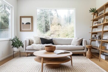 Round Coffee Table Paradise: Scandi Mid-century Living Space with Cozy Rug