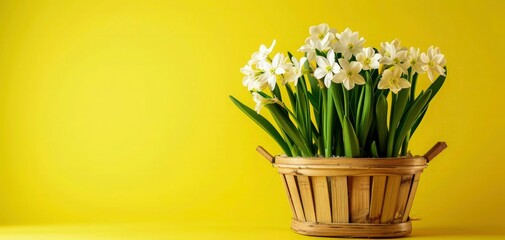 spring season White flowers in a wooden basket on yellow background with copy space for text. Women's Day and Mother's Day. empty Banner.