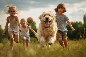 Happy children running with golden retriever dog on green meadow.