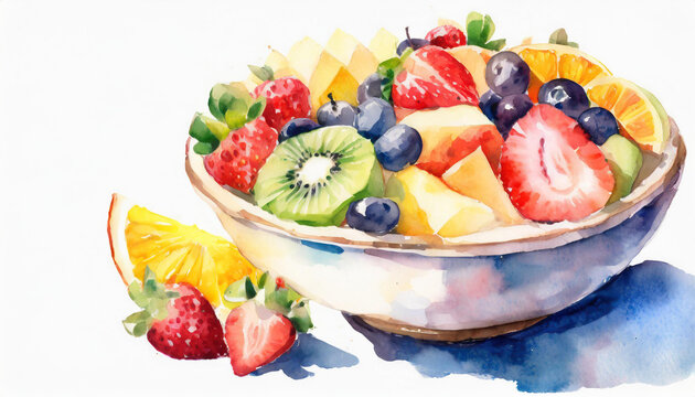 Watercolour of an fruit salad on pure white background canvas, copyspace on a side