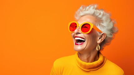 Laughing Senior Lady in Orange Jacket and Shades - obrazy, fototapety, plakaty