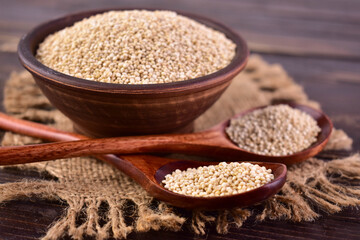 Healthy white quinoa seeds, healthy eating habits and balanced diet concept
