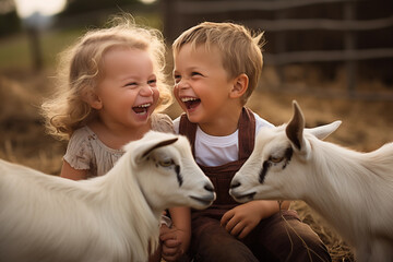 Portrait of two happy children, boy and girl, playing with goats on farm