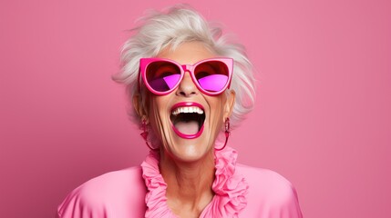 Senior Lady in Pink Laughing Joyfully - obrazy, fototapety, plakaty