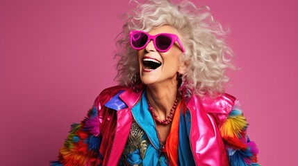 Playful Elderly Woman in Colorful Outfit - obrazy, fototapety, plakaty