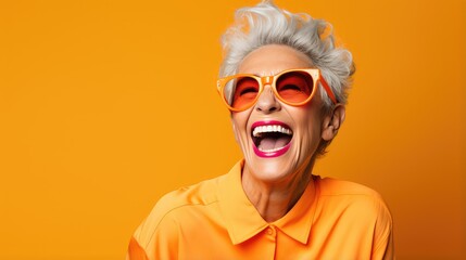 Radiant Elderly Woman in Yellow with Orange Glasses