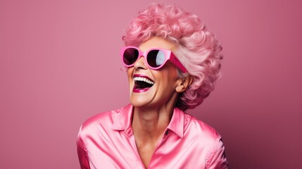 Senior Woman in Pink with Pink Curly Hair - obrazy, fototapety, plakaty