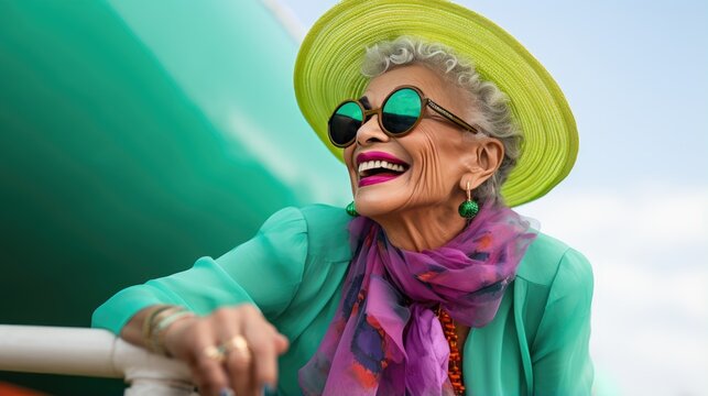 Joyful Elderly Woman with Sunglasses and Scarf