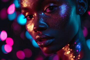 beautiful diverse female model with neon glowing shiny glitter make up on her skin closeup on black background with bokeh 