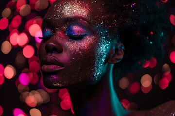 beautiful diverse female model with neon glowing shiny glitter make up on her skin closeup on black background with bokeh 