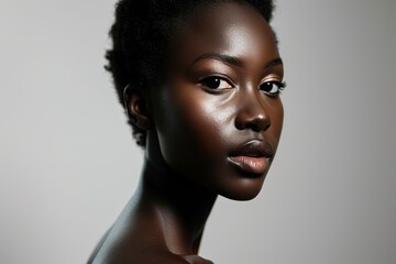 black beautiful model on white gray minimal background with natural makeup and glowing skin....