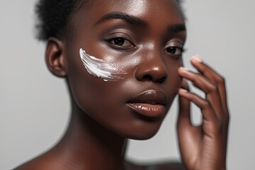 black diverse woman applying cosmetic cream or serum on face skin closeup with natural  advertising  light. Beauty skincare cosmetics.