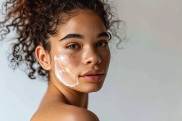 black diverse woman applying cosmetic cream or serum on face skin closeup with studio advertising  light. Beauty skincare cosmetics.