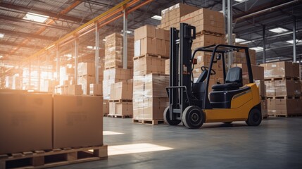 Forklift Transporting Goods in Warehouse