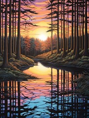 Serene Lakeside Sunset - Woodland Art Print, Forest Lake, Nature's Mirror