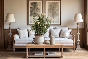French Country Sofa Elegance: Serene Room with Solid Wooden Elements