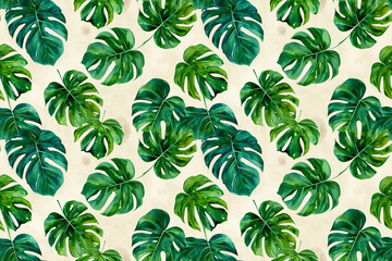 Illustrated seamless green monstera leaves pattern on bright background