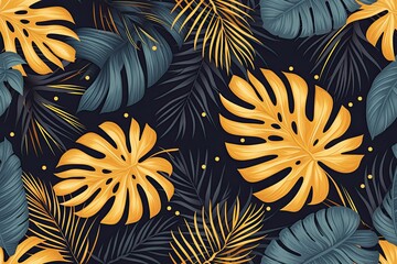 Green and gold monstera and palm leaf pattern on dark background