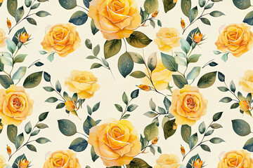 Illustrated yellow roses with green leaves floral pattern