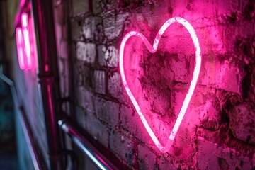 heart pink neon sign on a brick wall of a bar or club. Nightlife and party concept. Dating, love and relationships.  - Powered by Adobe