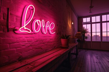 love pink neon sign on a brick wall of a loft. Nightlife and party concept. Dating and  relationships.  - Powered by Adobe