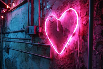 heart pink neon sign on a brick wall of a bar or club. Nightlife and party concept. Dating, love and relationships.  - Powered by Adobe