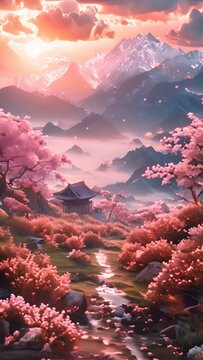 large cherry blossoms and wildflowers leading to a dojo in Japan, colourful japanese trees surrounding,generative ai