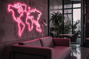 pink world map neon sign on minimal wall above couch or sofa and plants in bokeh. Modern trendy apartment interior decoration.