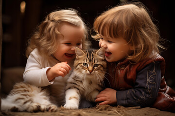 Two little girls playing with a cat at home. Friendship and childhood concept.